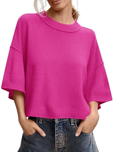 Image of Saodimallsu Womens Short Sleeve Sweater Oversized Cropped Sweaters Knit Top