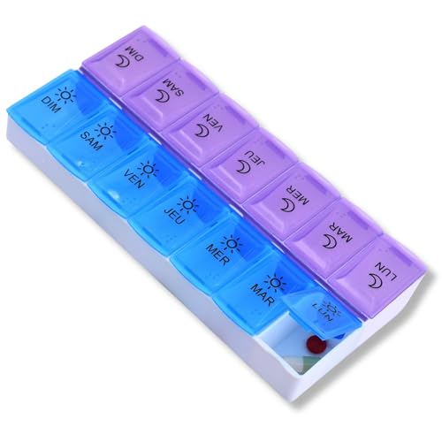 MEDIPILL - Pilulier Semainier Français | Organisation Hebdomadaire des Médicaments | 7 jours | 14 Compartiments | Matin et Soir | Sans BPA | Une Pièce | MED-S14