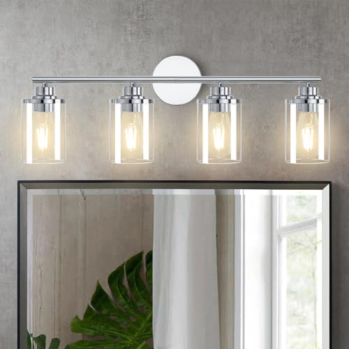 Image of Bathroom Light Fixtures,Chrome Vanity Lights Over Mirror,Chrome Vanity Light for Bathroom, 31''Chrome 4-Light Modern Sconce