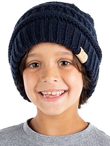Funky Junque Solid Ribbed Beanie Hat for Kids Tweens Soft Stretch Cable Knit Slouchy Hat Warm Winter Skull Cap 2-9 Years Old