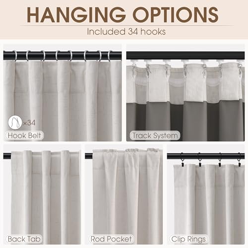 100% Blackout Curtains for Bedroom 84 Inches Long 2 Panels Faux Linen Curtains Black Out Thermal Insulated Room Darkening Drapes Natural Ivory Cream Pleated Back Tab Hook Belt Pocket Curtain 52x84 - Image 3