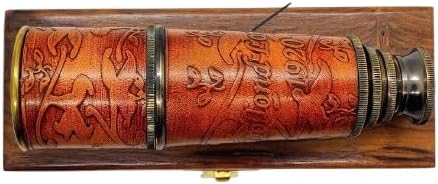 Vintage Brass Telescope – Handheld Nautical Pirate Spyglass for Navigation & Decor – Antique Brass Finish with Embossed (Wooden Box, Medium)