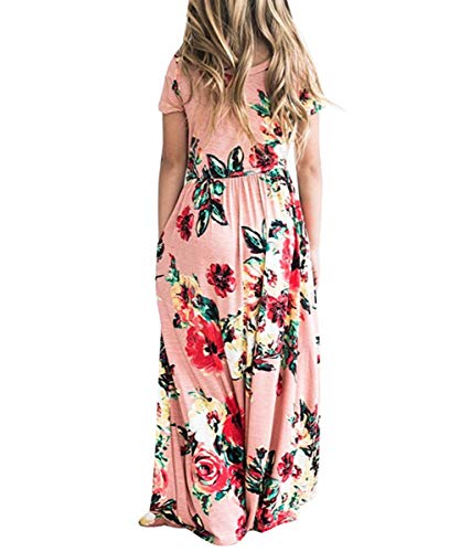 Girl's Maxi Dress Floral Short Sleeve Dresses with Pockets Elastic Waist Holiday Casual Dress for Girls 2-10 Years2