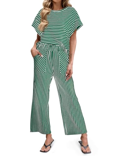 Image of Tankaneo Womens Striped 2 Piece Sets Short Sleeve T Shirts Wide Leg Pants Matching Lounge Set with Pockets