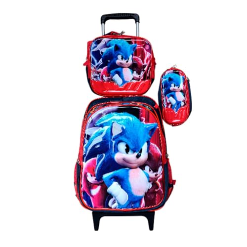 Kit Mochila com Rodinhas do Sonic 3 3D Alto Relevo + Lancheira Térmica + Estojo Escolar Infantil