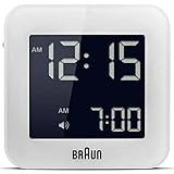 Braun Digital Travel Alarm Clock with Snooze, Compact Size, Negative LCD Display, Quick Set, Beep Alarm in White, Model BNC008WH.