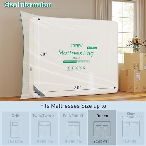 Image of ZCHENBS - Queen Mattress Bags for Moving, Waterproof Mattress Storage Bag with Zipper, Heavy-Duty 5 Mil Ultra-Thick Bed Protector Cover for Moving, Reusable (Transparent /Green, 2 Pack)