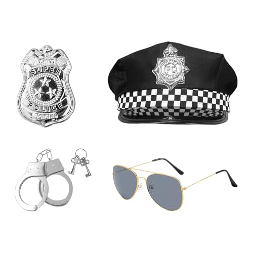 ZBHDEYG Conjunto De Disfraz De Policía De 4 Piezas, Esposas Simuladas, Juguetes Para Niños, Gorro De Oficial, Insignia, Accesorios De Juego De Rol