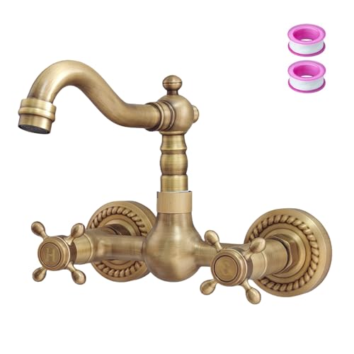 KOPYFANTAP Robinet Cuisine Mural Laiton Rétro, Double Poignée Mitigeur Mural Évier Bronze Antique, Pivotant à 360° Robinetterie Mélangeur Murale Cuivre...