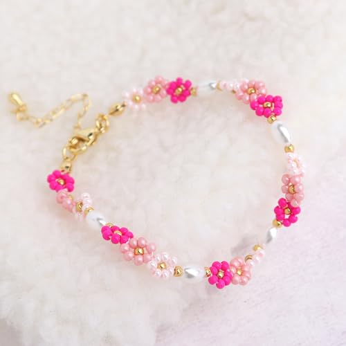 Colorful Daisy Flower Beaded Bracelets for Women, Cute Handmade Floral Gold Beads Adjustable Bracelet Spring Boho Jewelry Gift3