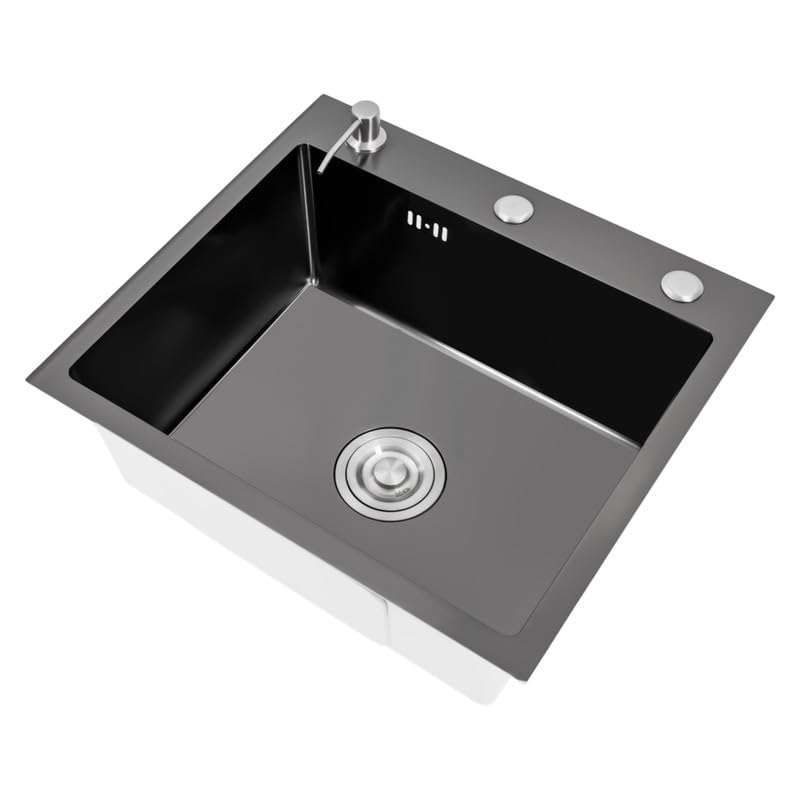 Fregadero Cocina 1 Seno 50 x 45 cm Acero Inoxidable Negro con Desagüe y Dispensador de Jabón, Fregadero Sobre Encimera o Enrasado