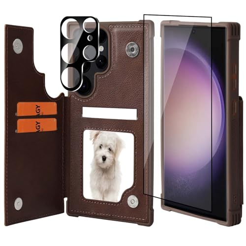 Étui portefeuille Galaxy S24 Ultra VANAVAGY en cuir marron avec porte-cartes