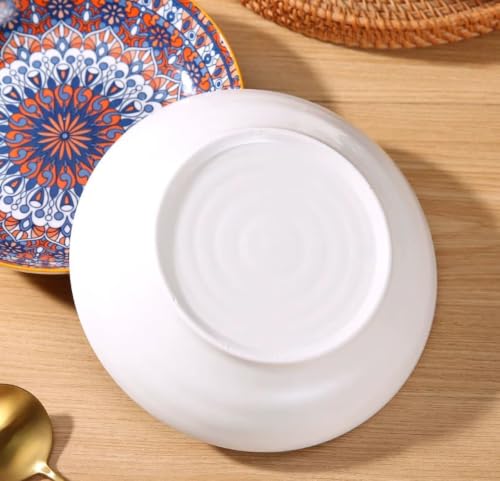Image of Ceramic Serving Plate, Decorative Mandala Design Pasta & Salad Plates, Deep Dinner Plate for Snacks, Fruits, Soup & Serving, Blue Orange Patterned Kitchen Tableware (Mandala PATTERN, PACK OF 2)