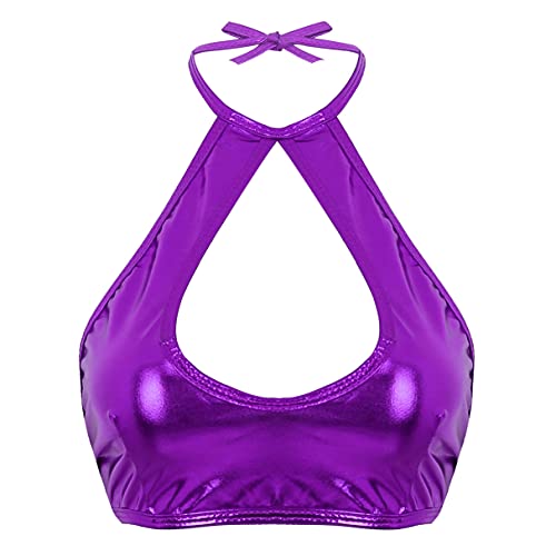 Iiniim Womens Metallic Shiny Halter Crop Top With Mini Skirt Dance Dress Two Piece Outfit Set Purple Small thumb #3