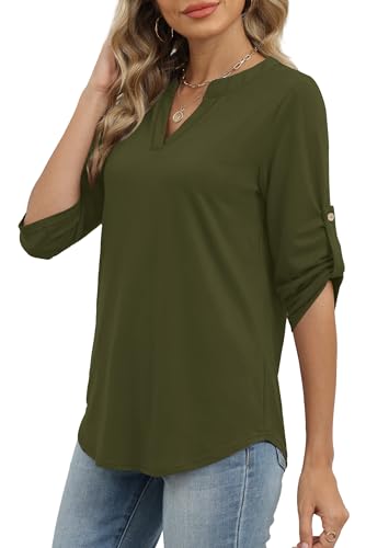 Image of XIEERDUO 3 /4 Length Sleeve Womens Tops V Neck T Shirts Both Side Buttons Blouses Business Casual Outfits Loose Fit