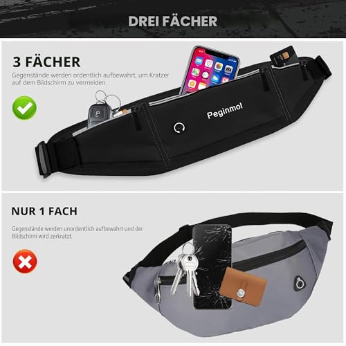 PEGINMOL Laufgürtel für Handy, Lauftasche Jogging Wasserdicht, Läufer-Hüfttasche für Damen und Herren mit 3 Taschen, Großer Kapazität Sportgürtel Verstellbarem Running Belt zum Radfahren (Schwarz)
