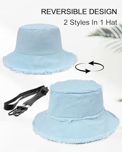 Image of Zylioo Plus Size Frayed Bucket Hat, Reversible 2 in 1 Fringe Tassel Sun Hat for Big Heads, Wide Brim UPF 50+ Fishing Hat