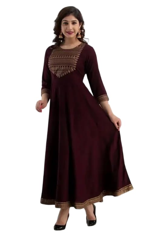 Image of Women's Dark Brown Sleeves and Hem Lace Border Ankle Length Kurti