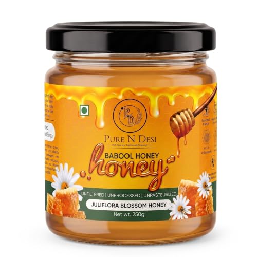 Image of PURE N DESI Juliflora Honey Raw Unprocessed Natural Honey 250g | Raw Juliflora (Babool /Kikar) Honey • Unprocessed • No Added Sugar • Rich Floral Taste • 250g Glass Jar