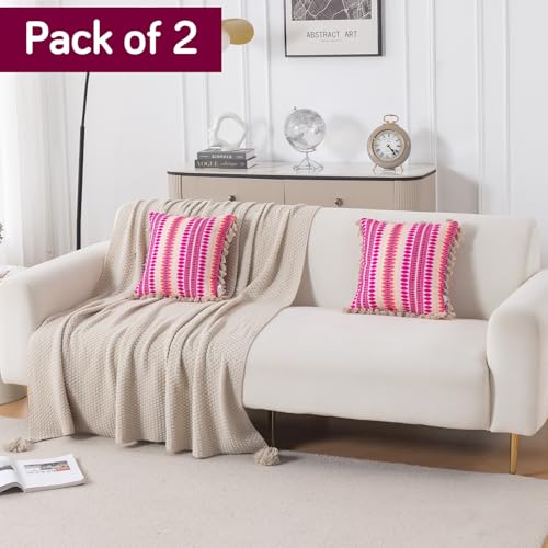Image of HOKIPO 'Artisan Boho Series' 450 GSM Cushion Cover with Tassels | Cotton Acrylic Jacquard | 16x16 Inch (40x40 cm) | Pack of 2, Fucshia Pink (IN-905-A5*2)