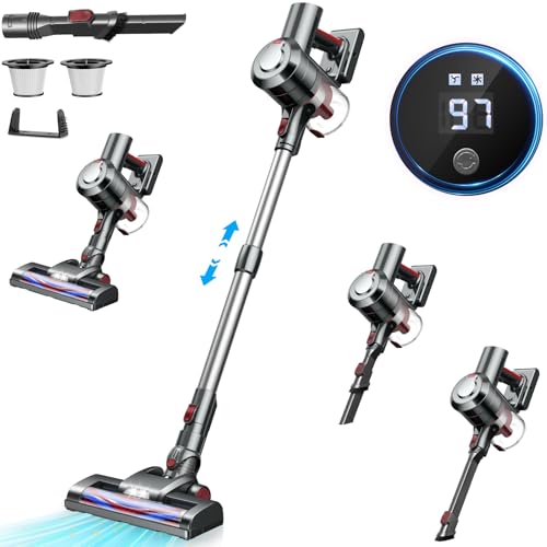 KLiHD Akku Staubsauger 450W/38000Pa Staubsauger Kabellos - mit LED Display Bis zu 55Mins Laufzeit Anti-Tangle-Staubsauger Stielstaubsauger für Tierhaare Hartböden Teppich