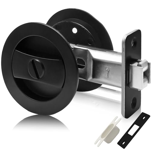Kyuionty Pocket Door Lock, Matte Black Pocket Door Hardware Round Door Lock, Privacy Sliding Bifold Door Locks for Bathroom Bedroom