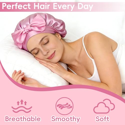 fistmta Satin Silk Bonnet for Sleeping Women, Sleep Cap Head Wrap with Soft Tie Elastic Band, Non-Slip Hair Care Bonnet Nightcap for Long Natural Curly Hair Protection (Pink)