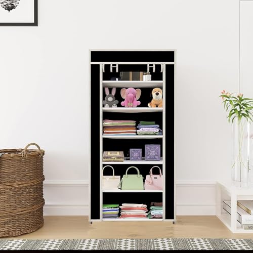Image of OBBO Multipurpose 6-Shelf Storage Rack with Zip Door & Side Pockets - Dustproof Plastic Organizer for Shoes, Clothes, Toys & More | Foldable Space-Saving Storage Unit - Black