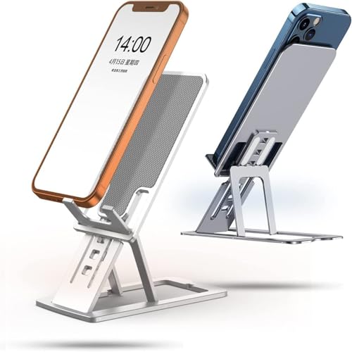 Image of Elfora Aluminum Ultra-Thin Alloy Mobile Phone Tabletop Stand | Multiple View Angles and Height Adjustments | Foldable Mobile Holder Compatible for iPhone, Android & Other Mobile Phones (Silver)