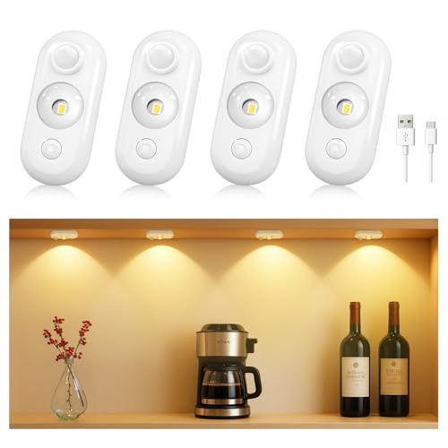 GLARESBOT 4 Pack LED Motion Sensor Puck Lights, Small Rechargeable Under Cabinet Lights, Dimmable Warm White Closet Lights, Wireless Under Cabinet Lighting for Drawers and Kitchens