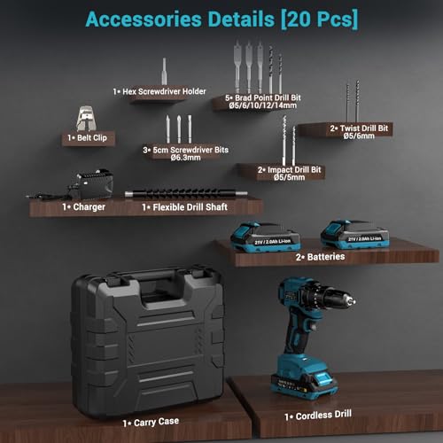 Image of LEEIKOO Cordless Drill Driver 21V, Brushless Cordless Hammer Drill with 2 Batteries 2000mAh, 20+3 Torque, 45N.m Max Combi Drills, LED Light, 2 Speed, 14PCS for Home and Garden DIY Project