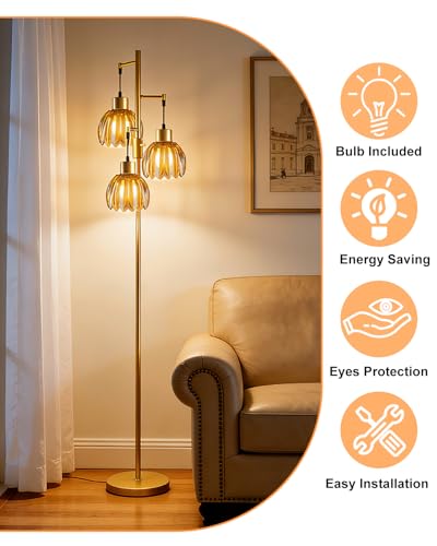 Image of Lightdot 65'' Glass Floor Lamp Dimmable Gold with Brown Lotus Glass Shade & 3000K Bulbs Included 3-Lights Modern Tall Standing Lamp with 5Lbs Heavy Base for Living Room /Bedroom /Sofa /Corner Decor