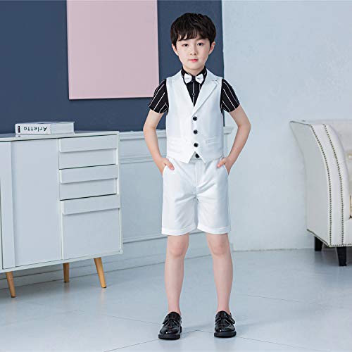 Image of LOLANTA Boys 4PCs Summer Suits, Short Suit Set for Wedding Ring Bearer Outfits Dress Clothes Vest Shirt Shorts Bow Tie