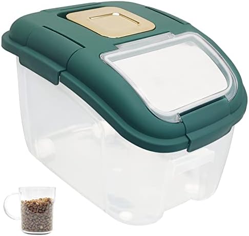 Fhiny 5.5LB Dog Food Storage Container, Airtight Cat Treat Rice Bin with Measuring Cup Bulk Dry Pet Food Storage Moisture-Proof Plastic Puppy Food Bin with Locking Lid & Wheel Easy to Move-Green