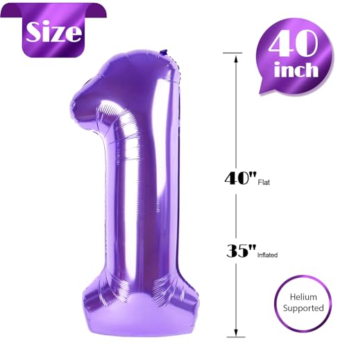 Image of Purple Number 1 Balloon 40 Inch, 1st Birthday Balloon First Birthday Decorations, Shiny Purple Party Supplies