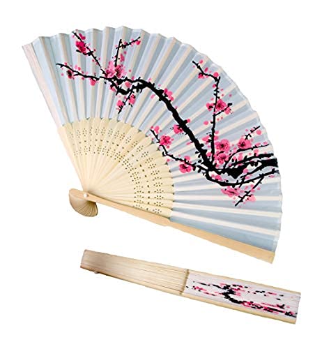 LIGHTS VALLEY Japanese Cherry Blossom Folding Hand Fan, Traditional Paper Wood Design, White with Pink Sakura Pattern, Pack of 5