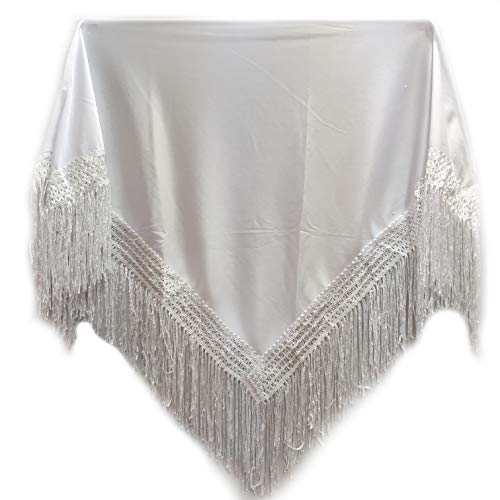 MUNDDY® - Manton Flamenco sevillana Liso Para niña. Mantones Flamenco Sevillana.Color Rojo Negro Rosa Blanco Amarillo Azul. Envio desde madrid con seguimiento. … (Blanco)