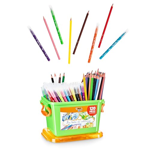 BIC Kids Colouring Set, Lápices de Colores y Rotuladores para Niños en Colores Variados y Vibrantes, Caja de 120 Unidades, Incluye Caja de Almacenamiento