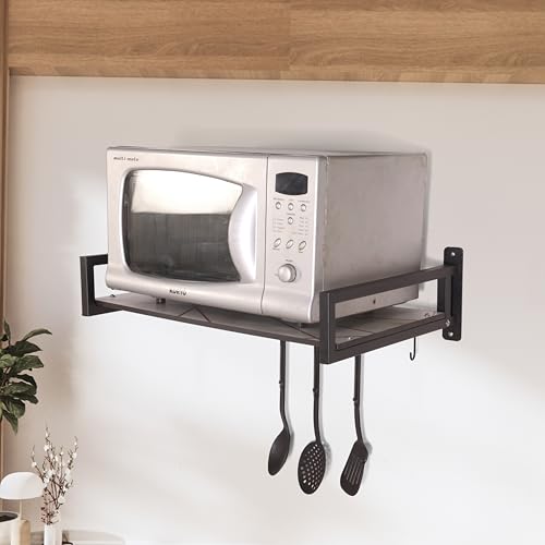 Image of KYZEN Deluxe Wall Mount Microwave Oven Stand with Pot Rack, 5 Hooks & Storage Container | Heavy-Duty Shelf for Microwave, OTG, Air Fryer, Grinder & Kitchen Organization (Marble) Appliances WM Delux M