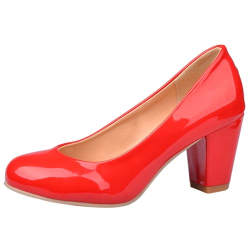 Zapatos de Tacón de Bloque para Mujer Tacón Alto Zapatos Punta Rojoonda Sin Cordones Elegante Zapatos de Fiesta, L13270Nv Rojo Talla 43 EU/45Cn