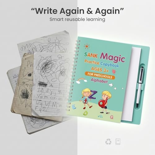 Image of Magic Practice Copybook Set for Kids (4 Books + 1 Pen + 10 Refills) | Reusable Number & Alphabet Tracing Book | Magic Calligraphy Writing Practice Book for Preschool Learning Tool