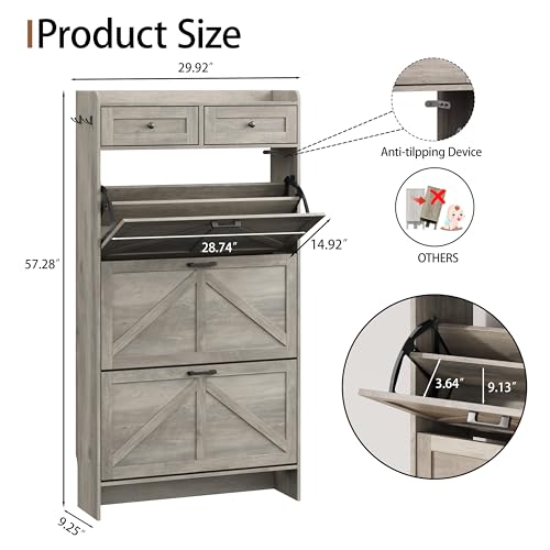 Image of Shoe Cabinet with 3 Flip Drawers & 2 Top Drawers, 57 inch Tall Freestanding Narrow Wooden Shoe Storage Organizer for Entryway, Hidden Slim Shoe Rack for Front Door Entrance, Hallway, Living Room, Grey