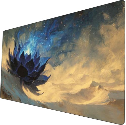 Mtg playmat 24x14 inches non-slip dragon design stitched edges smooth surface rubber base tcg game mat includes storage bags (Blooming lotus flowers)