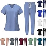Scrubs for Women Set Short Sleeved Solid Color V Neck Classic V-Neck Top & Jogger Pants with Stretch Nursing Uniform Scrubs Set