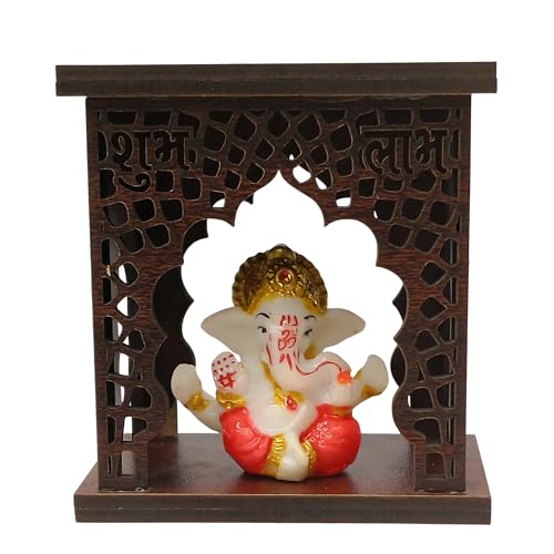Image of EXPLEASIA Mukut Ganesha Idol with Wooden Temple with Rakhi for Home mandir| car Dashboard| Gift Items | Festival Item| showpiece| Temple Decor