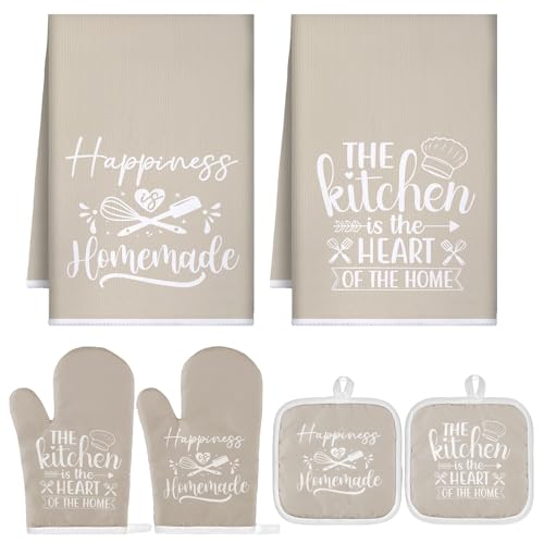 Sratte 6 Pcs Kitchen Decor Accessories Set Farmhouse Towels Pot Holders Oven Mitts Set 2 Dish Towels 2 Potholders 2 Cooking Mittens Oven Glove for Christmas Baking Cooking Supply(Beige,Kitchen)