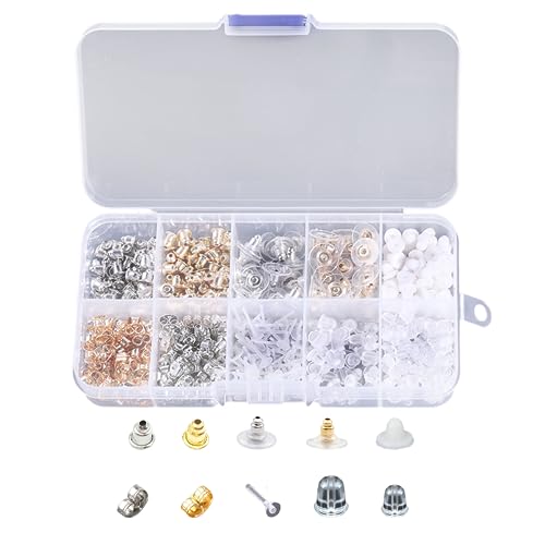 Lote de 530 pendientes con 10 cajas de almacenamiento, 10 tipos de pendientes, parte trasera de silicona suave, cierre de mariposa, bola de plata y oro