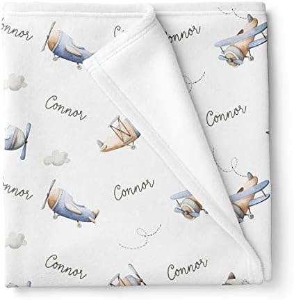 Stork Wares Retro Airplanes Personalized Baby Boy Swaddle Blanket, White, 30x40inch (BB343)