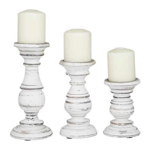 Deco 79 Mango Wood Decorative Candle Holder Turned Style Pillar Candle Stand, Set of 3 Candlestick Holder 10