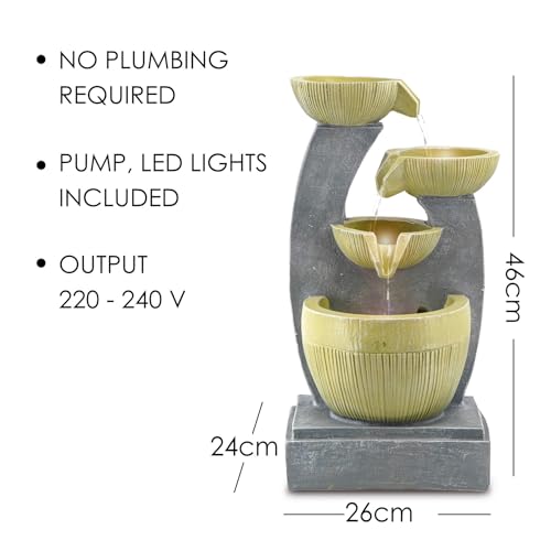 GEEZY Garden Water Feature – Three Tier Bowls Fountain with LED Lights – Mains Powered, Self-Contained, Indoor & Outdoor – Easy Setup & Cascading – Great for Garden, Home, Patio & Balcony Decor